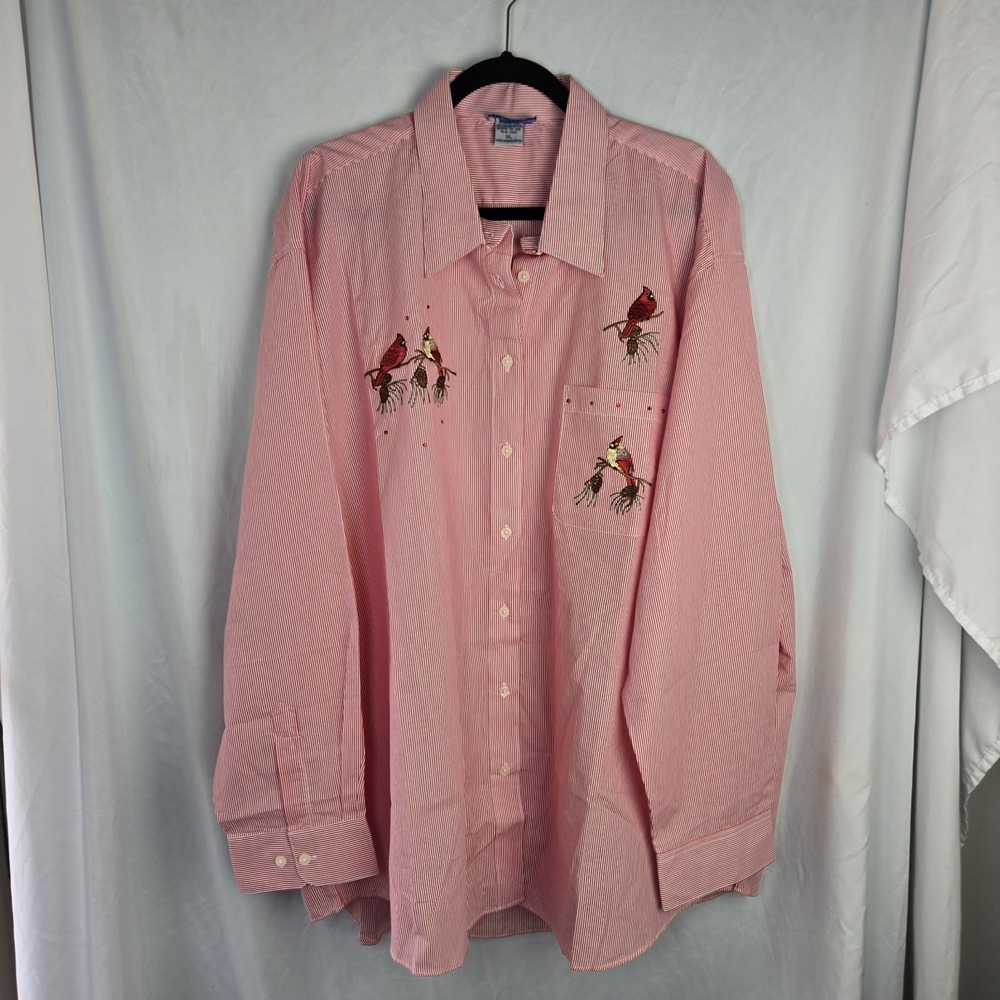 Vintage 80s Las Olas Striped Button Embroidered Cardinals Womens 1XL Red Holiday